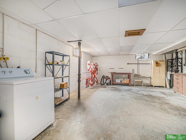 4015 Arbor St, Omaha, NE 68105 - unfinished basement featuring washer / clothes dryer, concrete block wall, and a drop ceiling