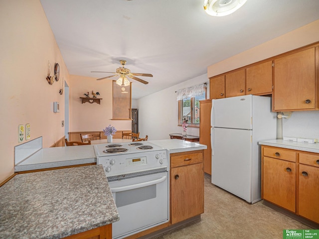 4015 Arbor St, Omaha, NE 68105 - kitchen with white appliances, a ceiling fan, light countertops, light floors, and brown cabinets