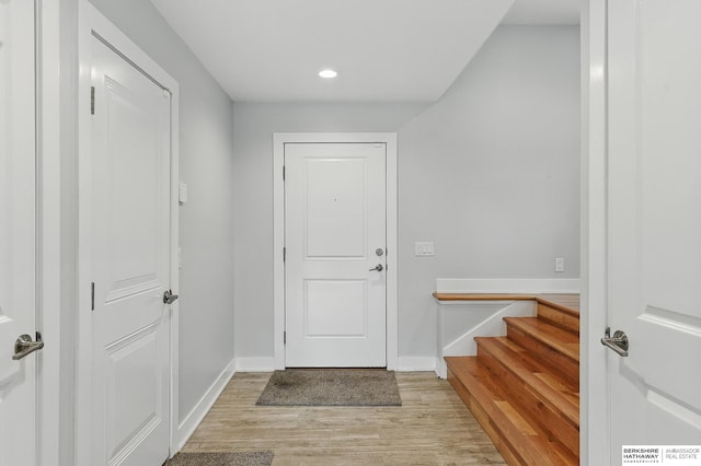 935 S 150th St, Omaha, NE 68154 - entrance foyer with light wood-type flooring, stairs, and recessed lighting