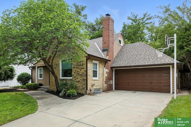 454 N 61st St, Omaha, NE 68132 - view of front of property featuring roof with shingles, stone siding, an attached garage, concrete driveway, and a chimney