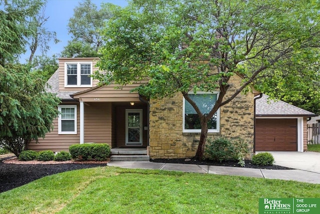 454 N 61st St, Omaha, NE 68132 - view of front facade with concrete driveway, an attached garage, a front yard, stone siding, and a shingled roof