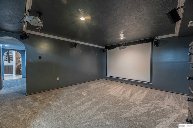 2105 S 164th Ave, Omaha, NE 68130 - carpeted home theater room with a textured ceiling, crown molding, and arched walkways