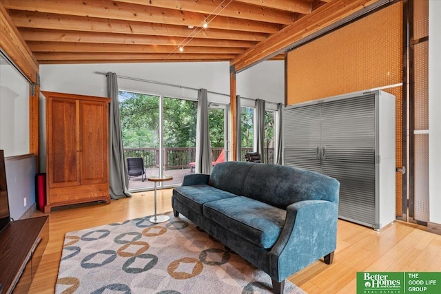 5510 N 83rd St, Omaha, NE 68134 - living room featuring light wood-style floors, beam ceiling, and high vaulted ceiling