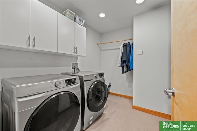 5510 N 83rd St, Omaha, NE 68134 - laundry area featuring cabinet space, separate washer and dryer, light carpet, and recessed lighting