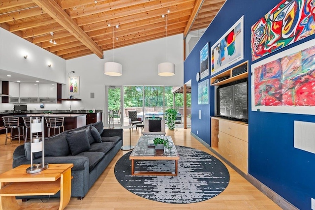 5510 N 83rd St, Omaha, NE 68134 - living room with a wooden ceiling with exposed beams, light wood-style flooring, and high vaulted ceiling