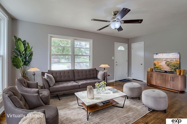 7622 Sherman Dr, Omaha, NE 68134 - living area featuring ceiling fan and dark wood finished floors
