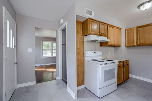7622 Sherman Dr, Omaha, NE 68134 - kitchen with white electric range oven, under cabinet range hood, light countertops, and brown cabinets