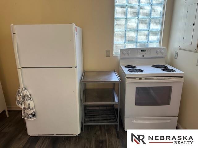 3123 R St, Lincoln, NE 68503 - kitchen featuring white appliances, electric panel, and dark wood-style floors