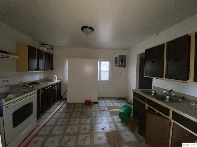 1322 Franklin St, Bellevue, NE 68005 - kitchen featuring white electric stove, light flooring, electric panel, range hood, and light countertops