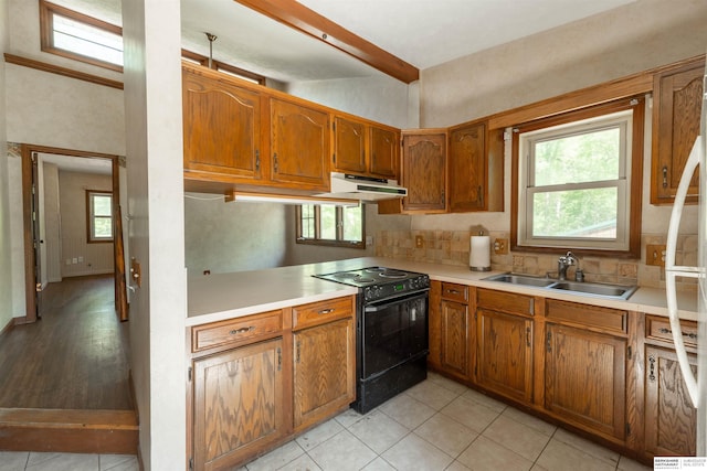1621 Ridge Rd Lot B, Lot B, Fremont, NE 68025 - kitchen featuring electric range, brown cabinetry, under cabinet range hood, light countertops, and beamed ceiling