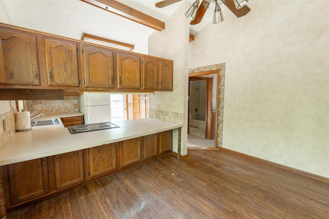 1621 Ridge Rd Lot B, Lot B, Fremont, NE 68025 - kitchen with freestanding refrigerator, ceiling fan, brown cabinets, dark wood finished floors, and light countertops