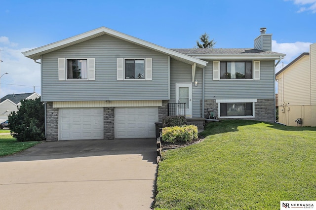 10605 Laurel Ave, Omaha, NE 68134 - raised ranch with stone siding, a chimney, a front lawn, and a garage