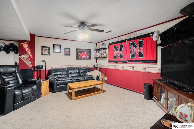 10605 Laurel Ave, Omaha, NE 68134 - living area featuring a ceiling fan, carpet, and ornamental molding