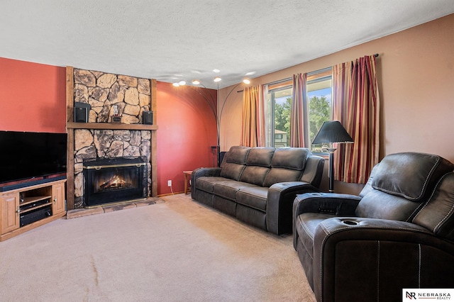10605 Laurel Ave, Omaha, NE 68134 - living room featuring a stone fireplace, carpet, and a textured ceiling