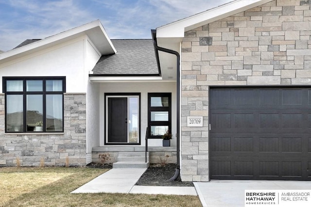 20709 Woodridge Dr, Gretna, NE 68028 - doorway to property featuring stone siding, roof with shingles, and stucco siding