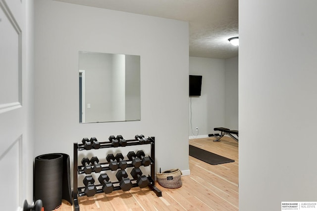 20709 Woodridge Dr, Gretna, NE 68028 - workout room with wood finished floors and a textured ceiling