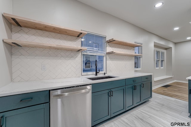 2551 Meredith Ave, Omaha, NE 68111 - kitchen featuring open shelves, dishwasher, tasteful backsplash, recessed lighting, and light stone countertops