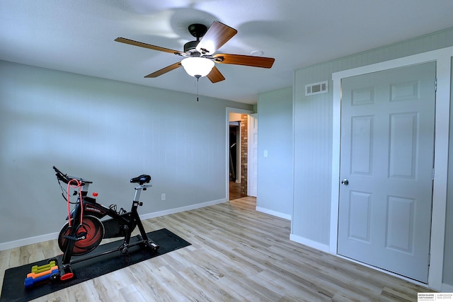 4625 S 222nd St, Elkhorn, NE 68022 - workout area with light wood-style flooring and ceiling fan