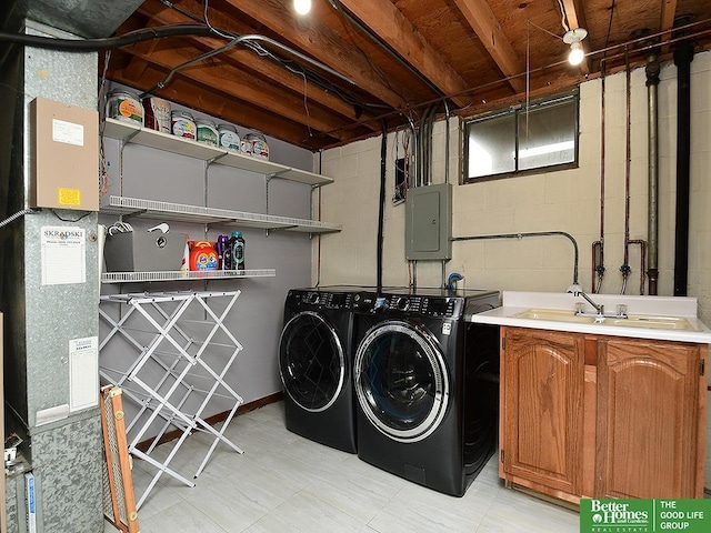 9705 Cady Ave, Omaha, NE 68134 - washroom featuring electric panel, cabinet space, washer and dryer, and concrete block wall