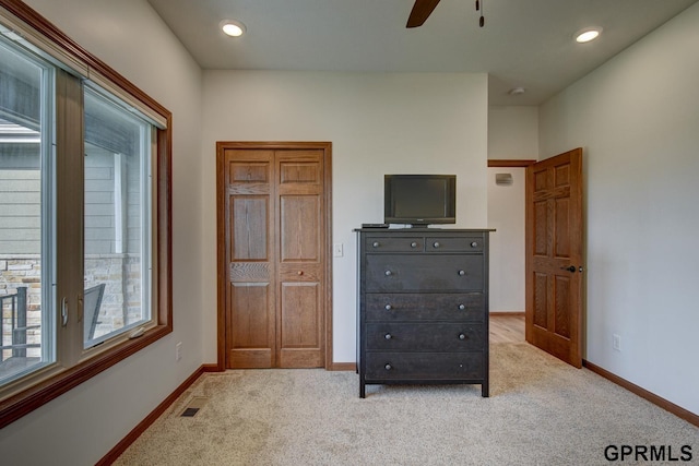 3320 Fairway Dr, Plattsmouth, NE 68048 - bedroom featuring light carpet, recessed lighting, and ceiling fan