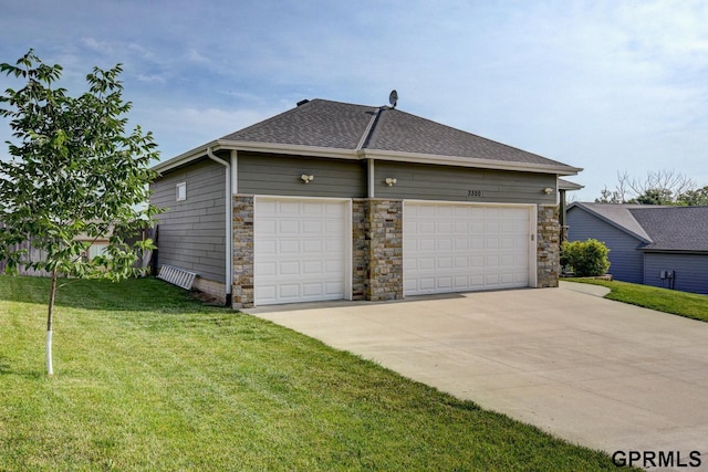 3320 Fairway Dr, Plattsmouth, NE 68048 - view of property exterior featuring a yard, stone siding, and roof with shingles