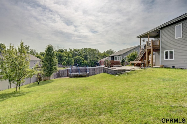 3320 Fairway Dr, Plattsmouth, NE 68048 - fenced backyard featuring a trampoline, stairway, and a wooden deck