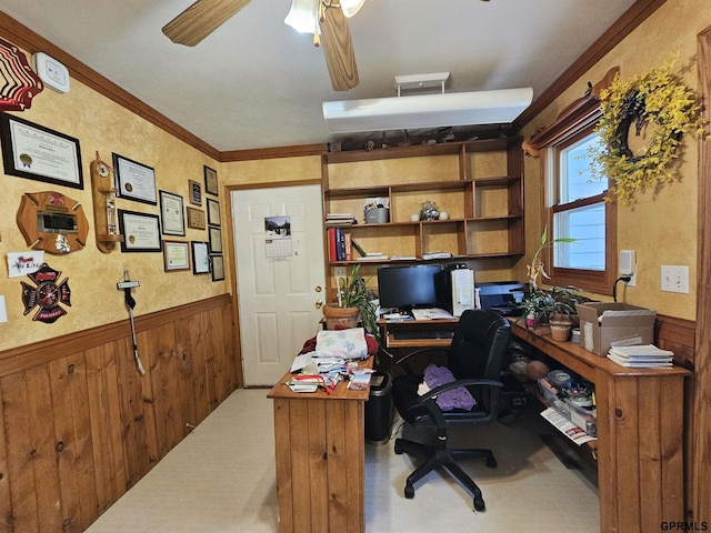 607 4th St, Edgar, NE 68935 - carpeted office space with a wainscoted wall, wood walls, a ceiling fan, and ornamental molding