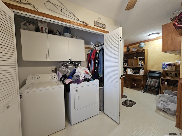 607 4th St, Edgar, NE 68935 - laundry area featuring cabinet space, separate washer and dryer, and a ceiling fan