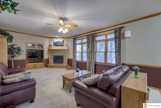 7409 Elk Creek Dr, Lincoln, NE 68516 - carpeted living area featuring ceiling fan, ornamental molding, a textured ceiling, a glass covered fireplace, and wainscoting