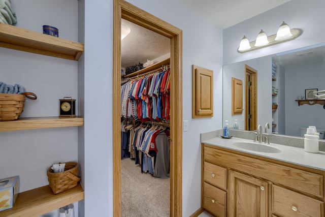 7409 Elk Creek Dr, Lincoln, NE 68516 - bathroom featuring vanity, a walk in closet, and a textured ceiling