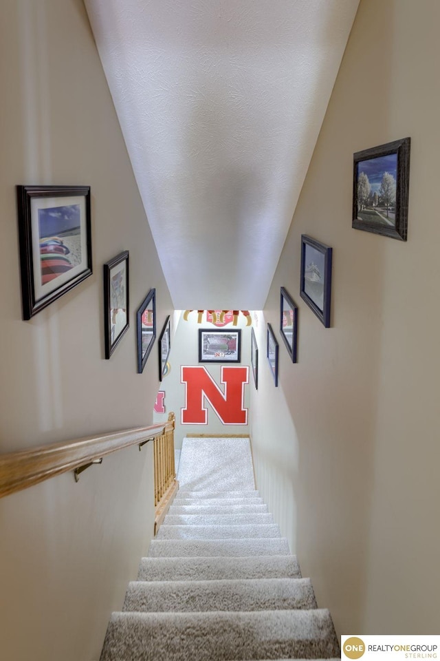7409 Elk Creek Dr, Lincoln, NE 68516 - stairway featuring lofted ceiling