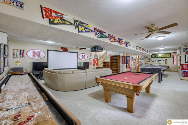 7409 Elk Creek Dr, Lincoln, NE 68516 - rec room featuring a textured ceiling, billiards, a ceiling fan, and carpet flooring