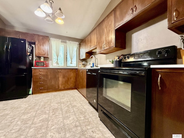 400 W Broadview St, Lincoln, NE 68505 - kitchen with black appliances, a chandelier, brown cabinetry, light tile patterned flooring, and light countertops