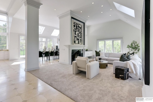 14341 Hamilton St, Omaha, NE 68154 - living room with a skylight, high vaulted ceiling, healthy amount of natural light, recessed lighting, and light tile patterned floors