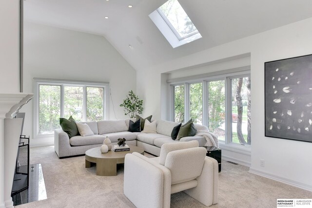 14341 Hamilton St, Omaha, NE 68154 - living area with light colored carpet, a skylight, high vaulted ceiling, and recessed lighting