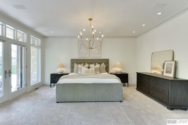14341 Hamilton St, Omaha, NE 68154 - bedroom featuring ornamental molding, access to outside, light colored carpet, french doors, and a chandelier