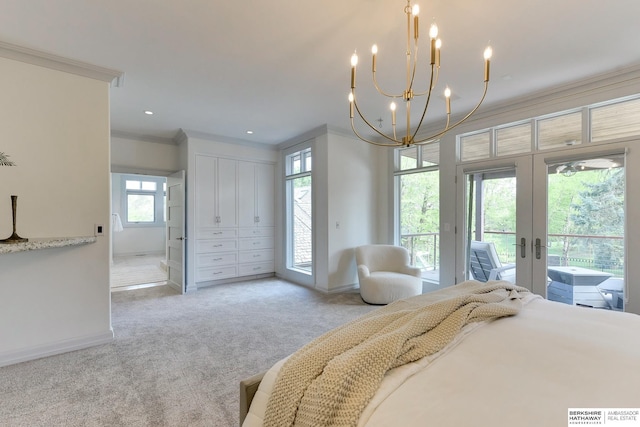 14341 Hamilton St, Omaha, NE 68154 - bedroom with french doors, ornamental molding, access to exterior, light colored carpet, and a chandelier