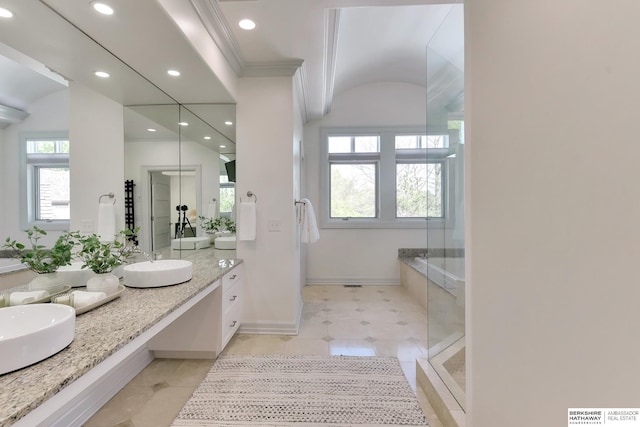 14341 Hamilton St, Omaha, NE 68154 - full bathroom with double vanity, ornamental molding, lofted ceiling, recessed lighting, and tile patterned flooring
