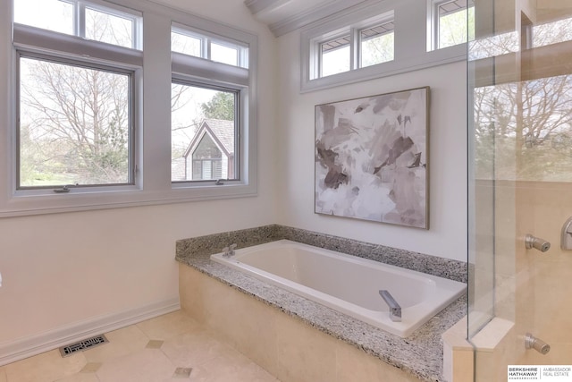 14341 Hamilton St, Omaha, NE 68154 - bathroom featuring a garden tub, tile patterned flooring, and a shower