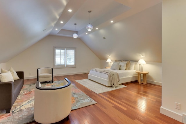 14341 Hamilton St, Omaha, NE 68154 - bedroom featuring hardwood / wood-style floors, vaulted ceiling, and recessed lighting