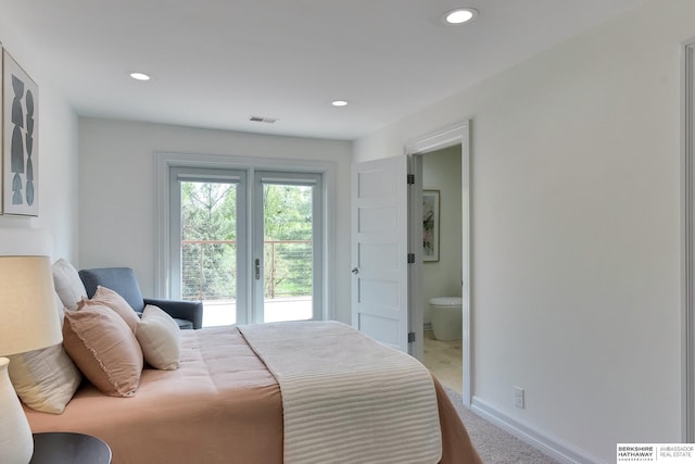 14341 Hamilton St, Omaha, NE 68154 - carpeted bedroom featuring access to exterior, recessed lighting, and ensuite bath