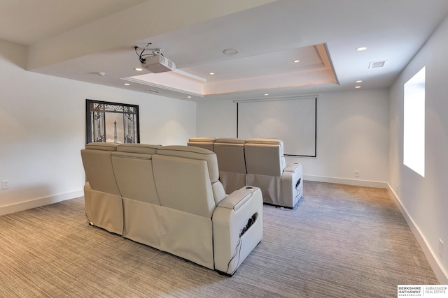 14341 Hamilton St, Omaha, NE 68154 - cinema featuring a tray ceiling, light carpet, and recessed lighting