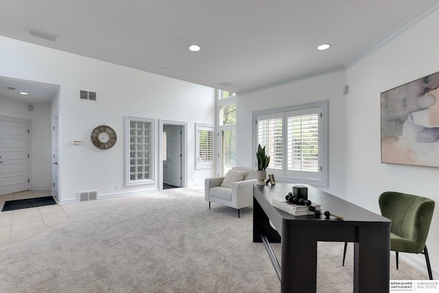 14341 Hamilton St, Omaha, NE 68154 - living room featuring recessed lighting, light colored carpet, ornamental molding, and light tile patterned flooring