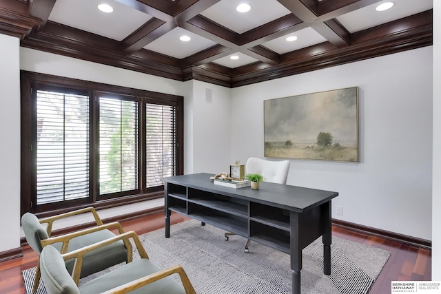 14341 Hamilton St, Omaha, NE 68154 - office with wood finished floors, beamed ceiling, coffered ceiling, and recessed lighting