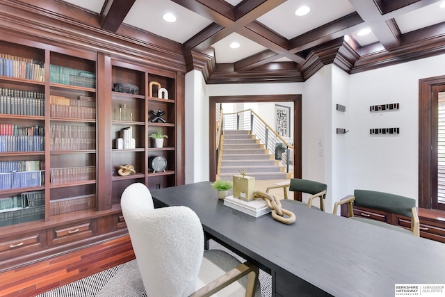14341 Hamilton St, Omaha, NE 68154 - home office with coffered ceiling, beam ceiling, and wood finished floors