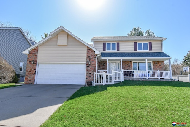 3646 S 77th St, Lincoln, NE 68506 - traditional-style home with an attached garage, concrete driveway, a front lawn, a porch, and brick siding