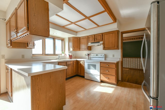 3646 S 77th St, Lincoln, NE 68506 - kitchen featuring electric range, freestanding refrigerator, a peninsula, under cabinet range hood, and light countertops