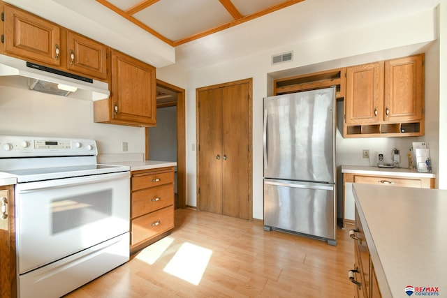 3646 S 77th St, Lincoln, NE 68506 - kitchen with white electric range oven, freestanding refrigerator, under cabinet range hood, light countertops, and light wood-type flooring