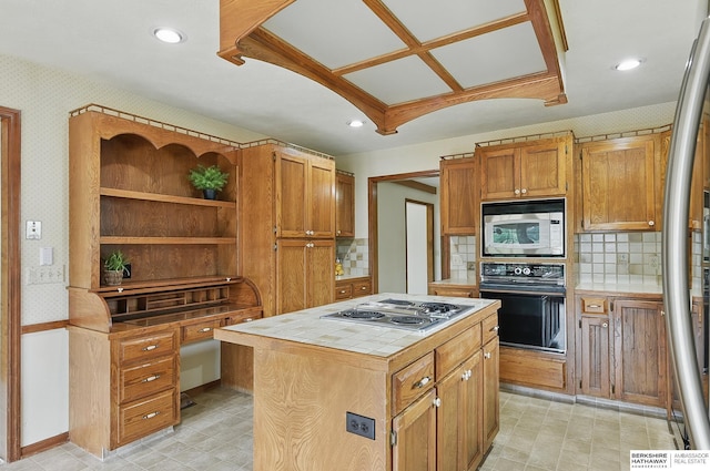 15618 L St, Omaha, NE 68135 - kitchen with stainless steel appliances, tile counters, backsplash, open shelves, and a center island