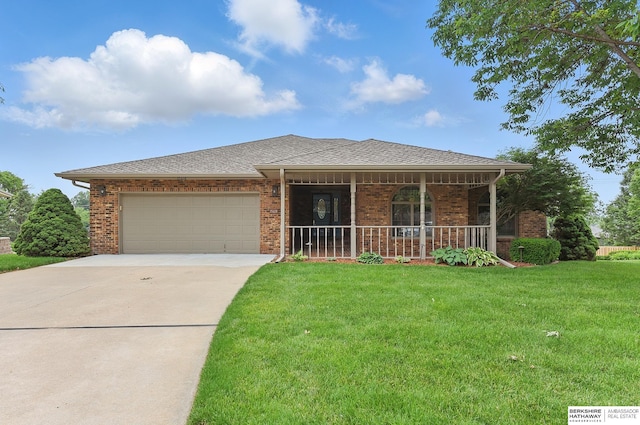 15618 L St, Omaha, NE 68135 - view of front of property with brick siding, concrete driveway, a porch, a front yard, and a garage
